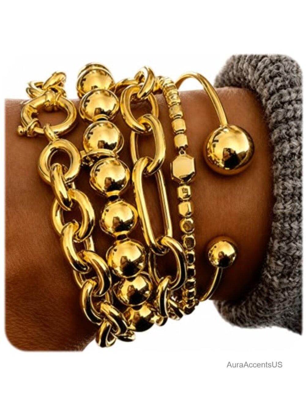Gold Plated Stackable Bangle Bracelet Set for Women - 5PC Chunky Layered Jewelry